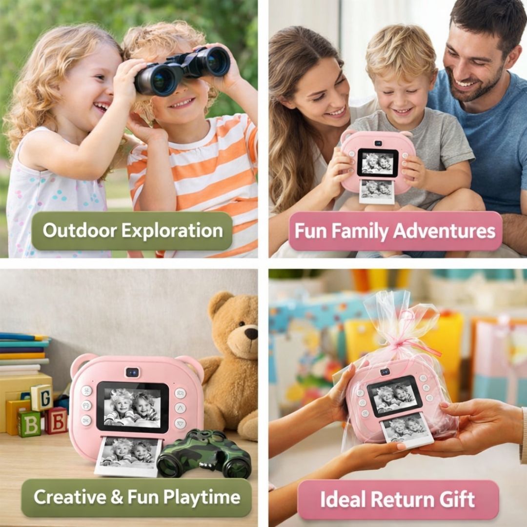 Kids Adventure Combo Pack – Instant Print Camera + Army Style Mini Binoculars [Assorted]