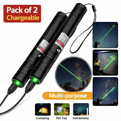 Two black laser pointers with green beams, charging cable, and usage examples on a white background.