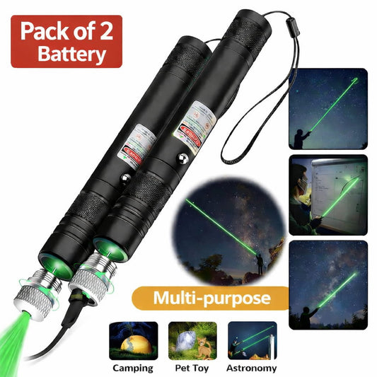 Two green laser pointers with batteries included, used for camping, pet toy, and astronomy.