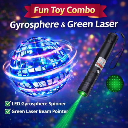 Fun Toy Combo with LED Gyrosphere Spinner and Green Laser Beam Pointer on a colorful background