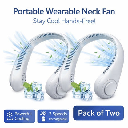 Portable wearable neck fan with ice cubes and text highlighting features on a white background