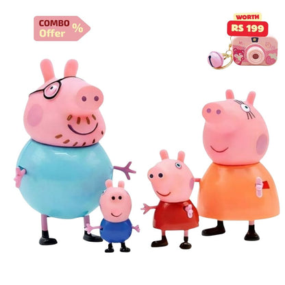 Set of Peppa Pig family figurines with a camera toy on a white background