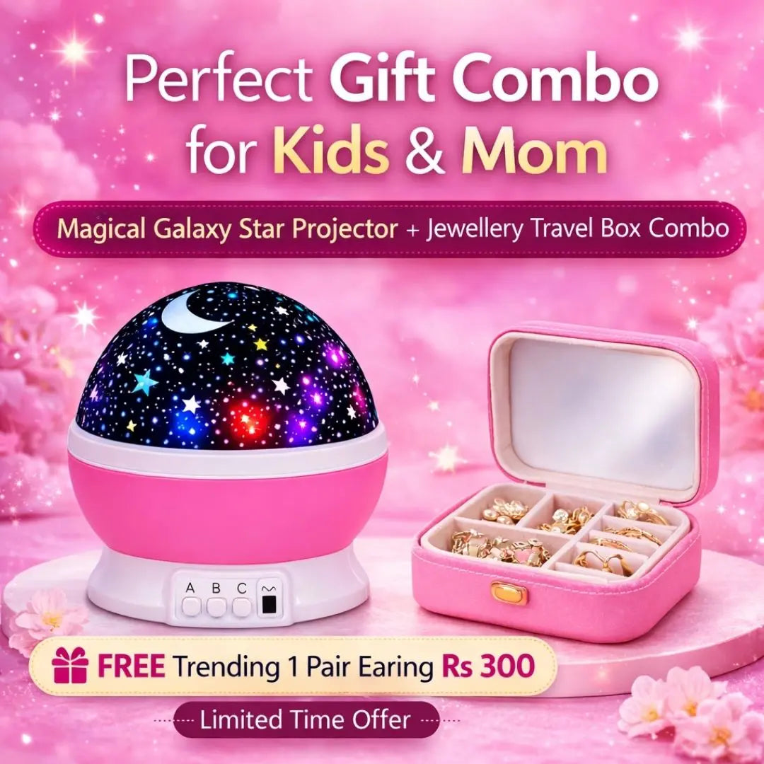 Magical Galaxy Star Projector and Jewellery Travel Box Combo for Kids and Mom on a pink background