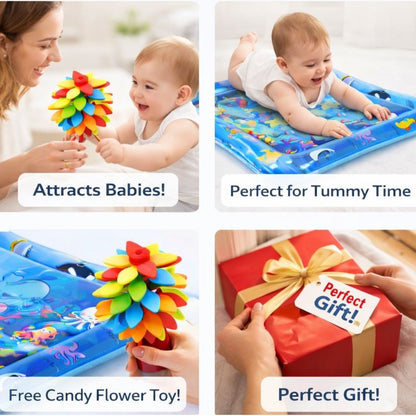 Product collage showing a woman and baby with toys, a baby on an inflatable mat, a candy flower toy, and a gift box.