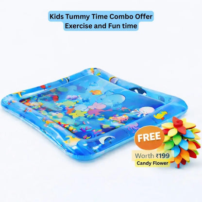 Inflatable tummy time mat with ocean design and candy flower offer on a white background