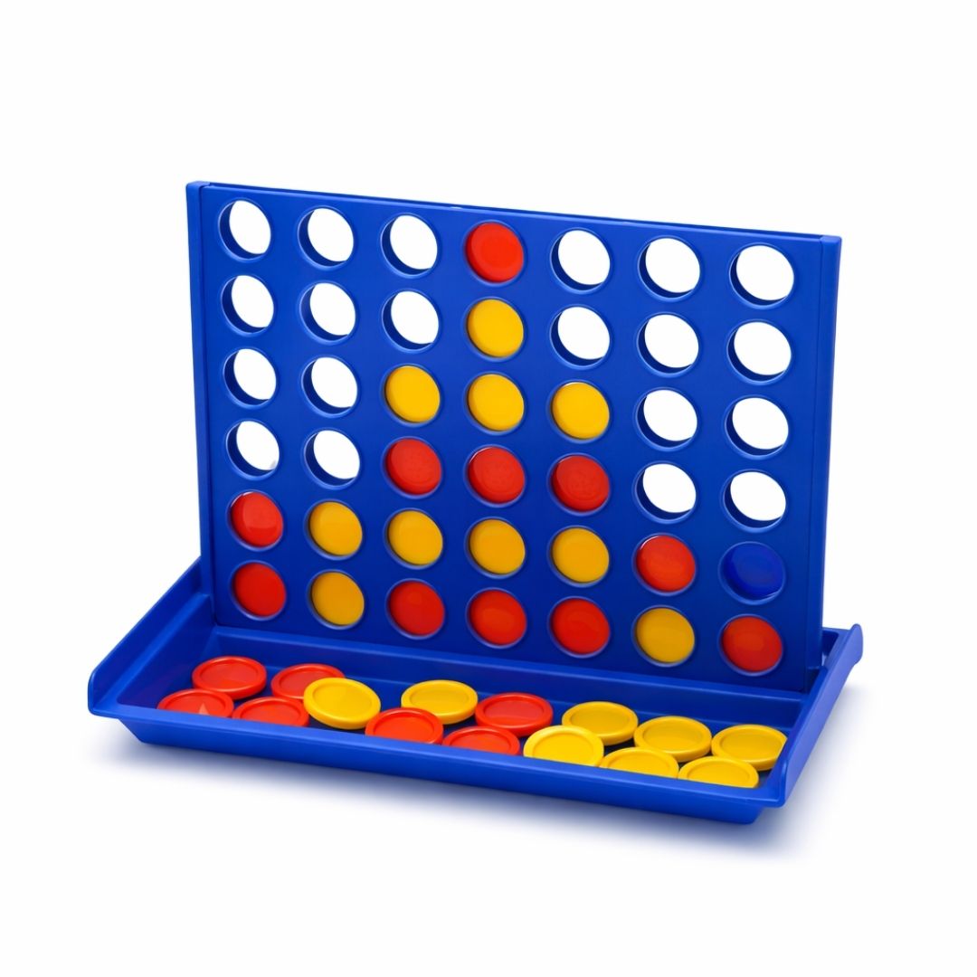 Board game with red, yellow, and blue pegs on a blue board