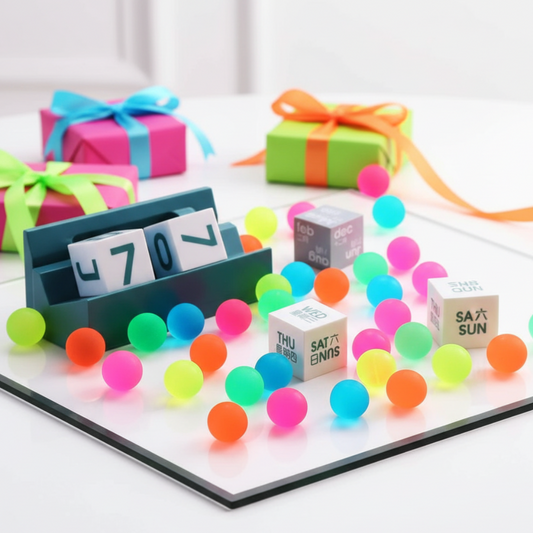 Colorful balls and blocks on a white surface with gift boxes in the background