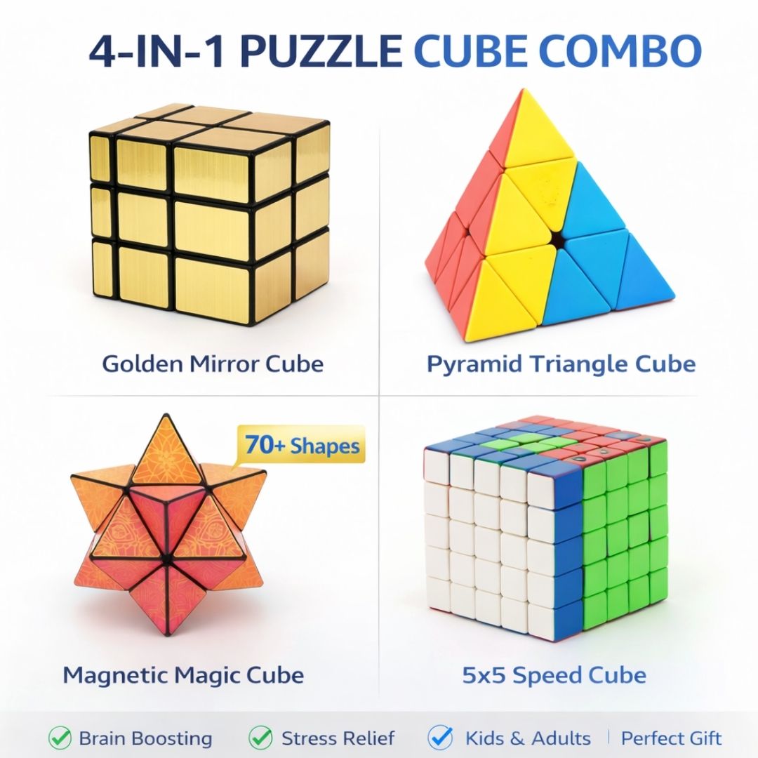 4-in-1 puzzle cube combo with Golden Mirror Cube, Pyramid Triangle Cube, Magnetic Magic Cube, and 5x5 Speed Cube on a white background.