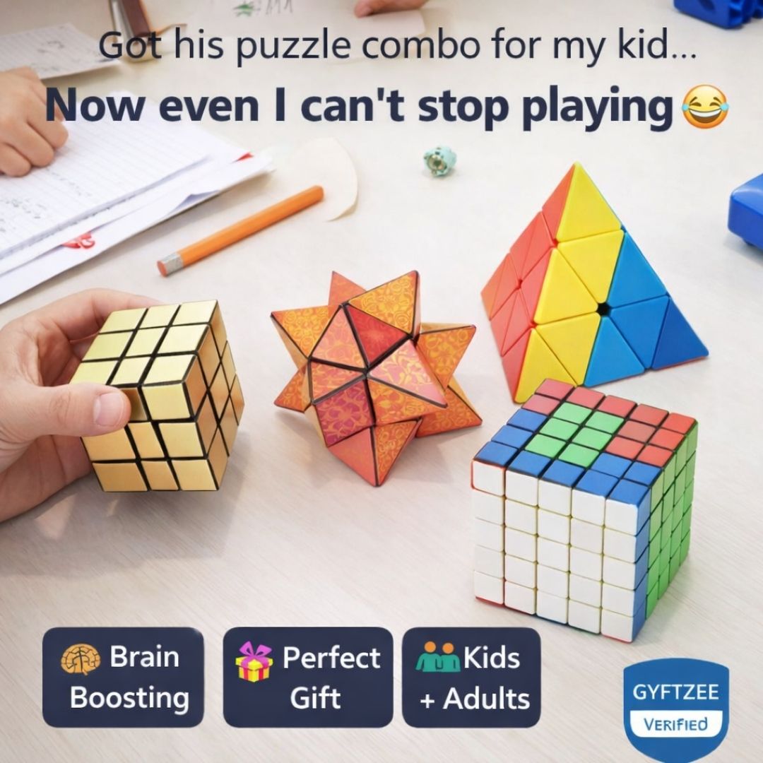 Colorful puzzle cubes on a table with text about a puzzle combo for kids and adults.