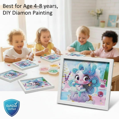 Children engaged in DIY diamond painting activity with a completed artwork on a table.