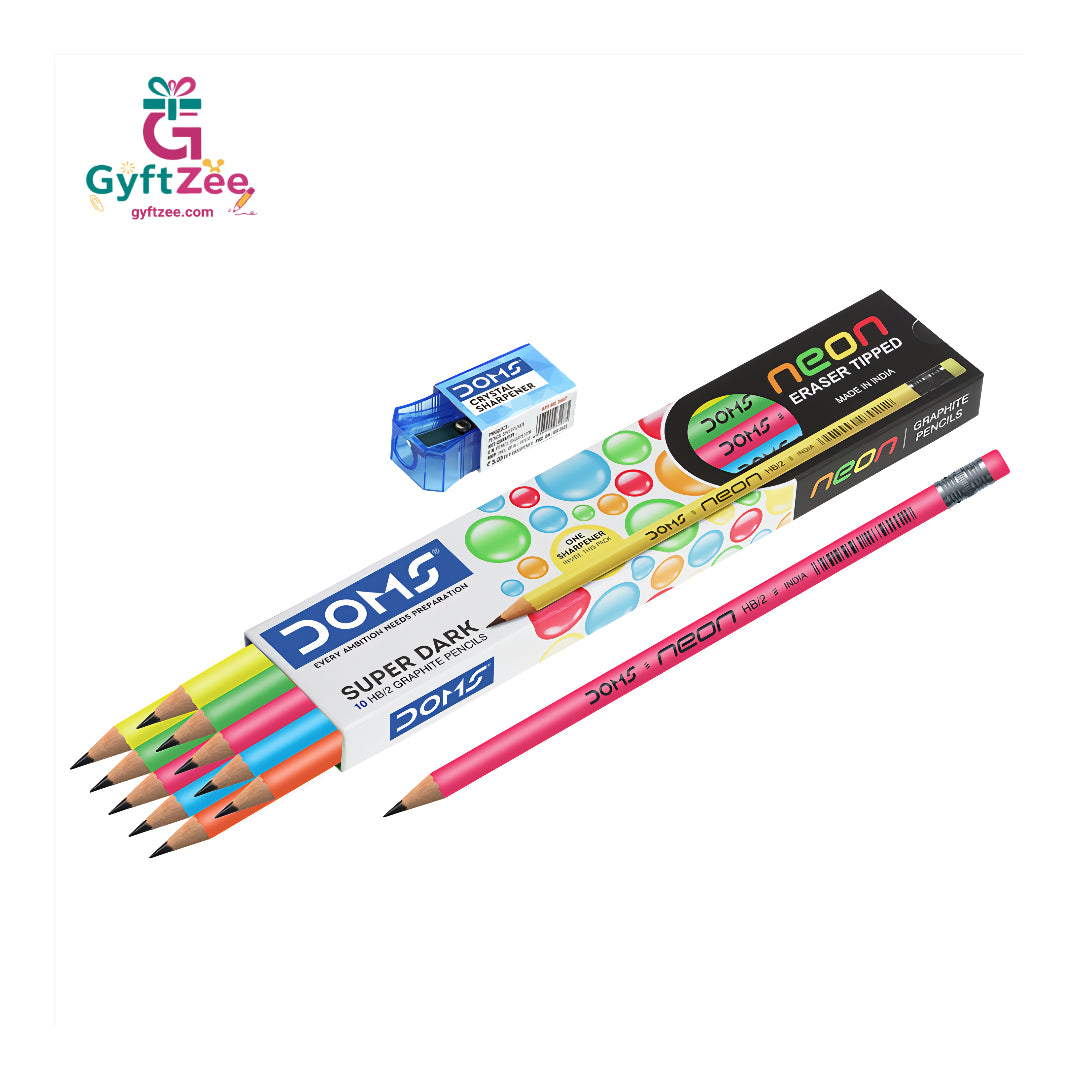 DOMS Neon Eraser-Tipped Graphite Pencil Pack of 10 – Stylish & Practical for School & Office