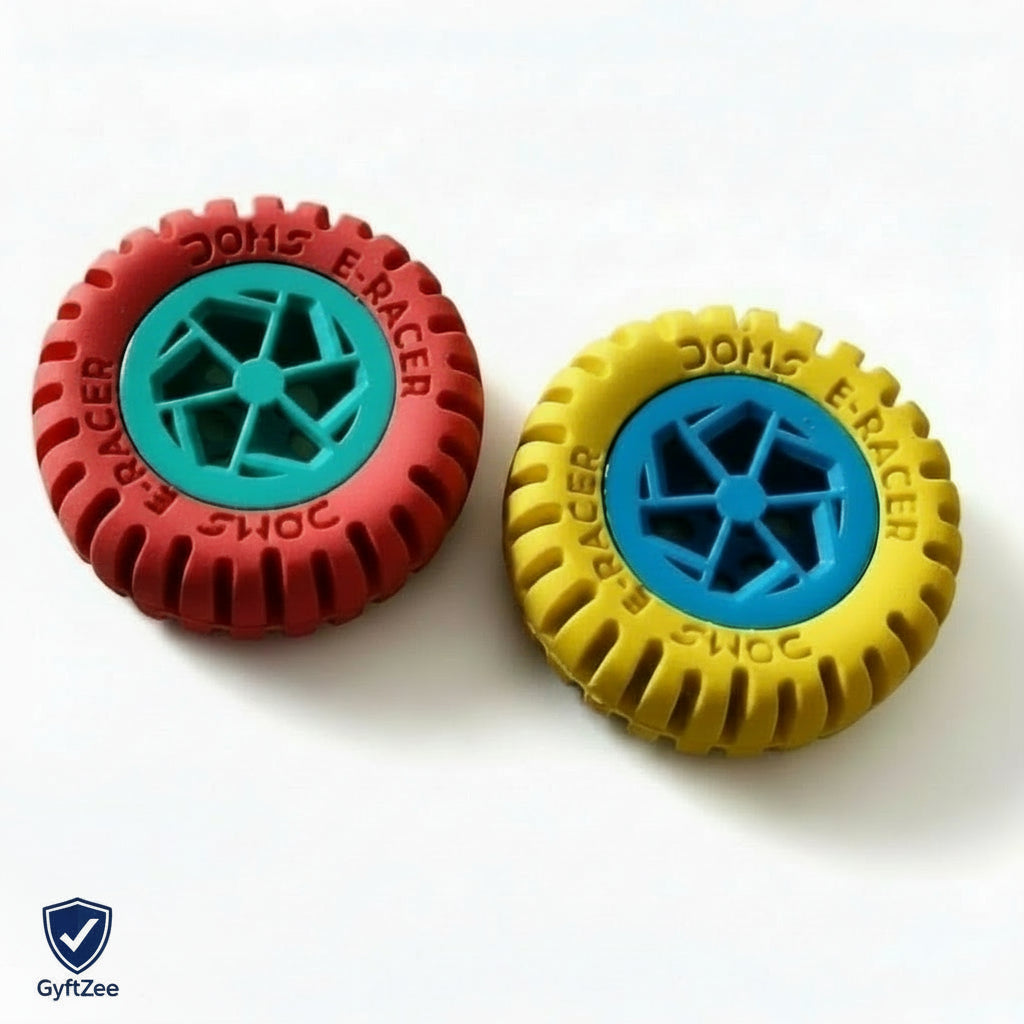 Two toy wheels, one red and one yellow with blue center, on a white background. GyftZee Verified badge is present.