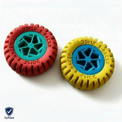 Two toy wheels, one red and one yellow with blue center, on a white background. GyftZee Verified badge is present.