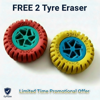 Two colorful tyre erasers with 'GyftZee' branding on a white background.