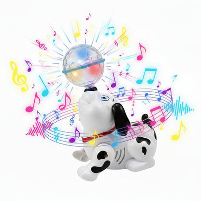 Toy dog with disco ball on top, surrounded by musical notes and colorful light effects.
