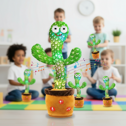 Toy cactus with animated features on a colorful mat, children in the background