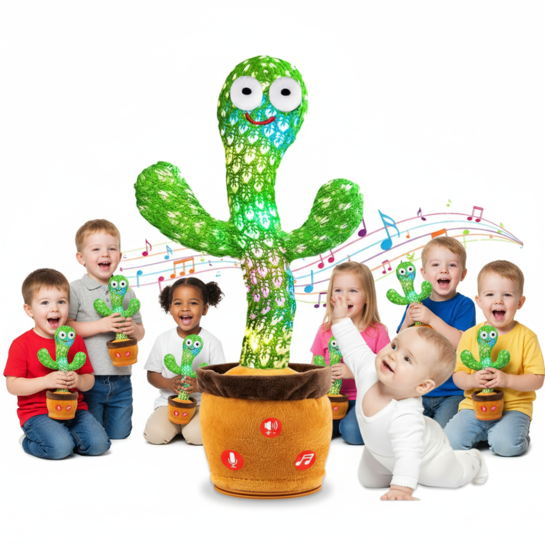 Children playing with a green animated cactus toy on a white background