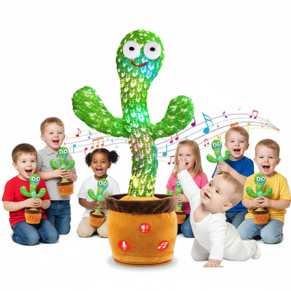 Children playing with a green animated cactus toy on a white background