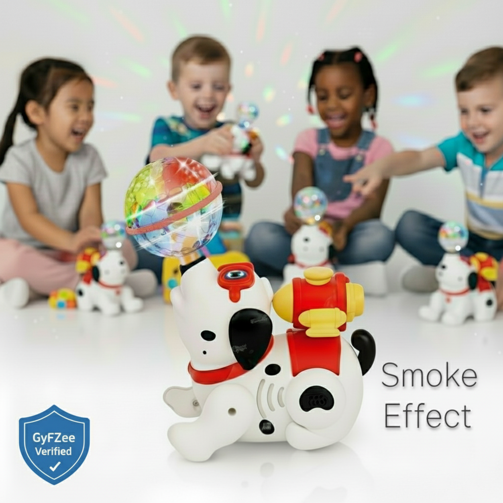 Toy spray dog with colorful lights and movements on a white background