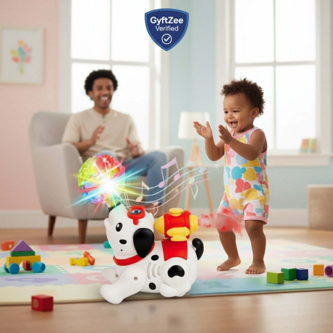 Child playing with a toy dog in a room with colorful toys and a GyftZee Verified logo.