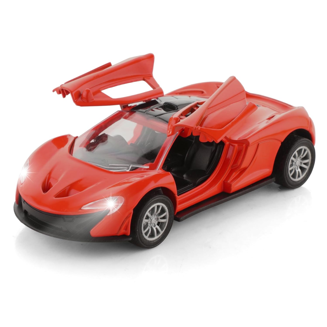 Die-Cast Sports Racer Car | Metal Pull-Back | LED Lights, Realistic Sound & Openable Doors | BIS Approved