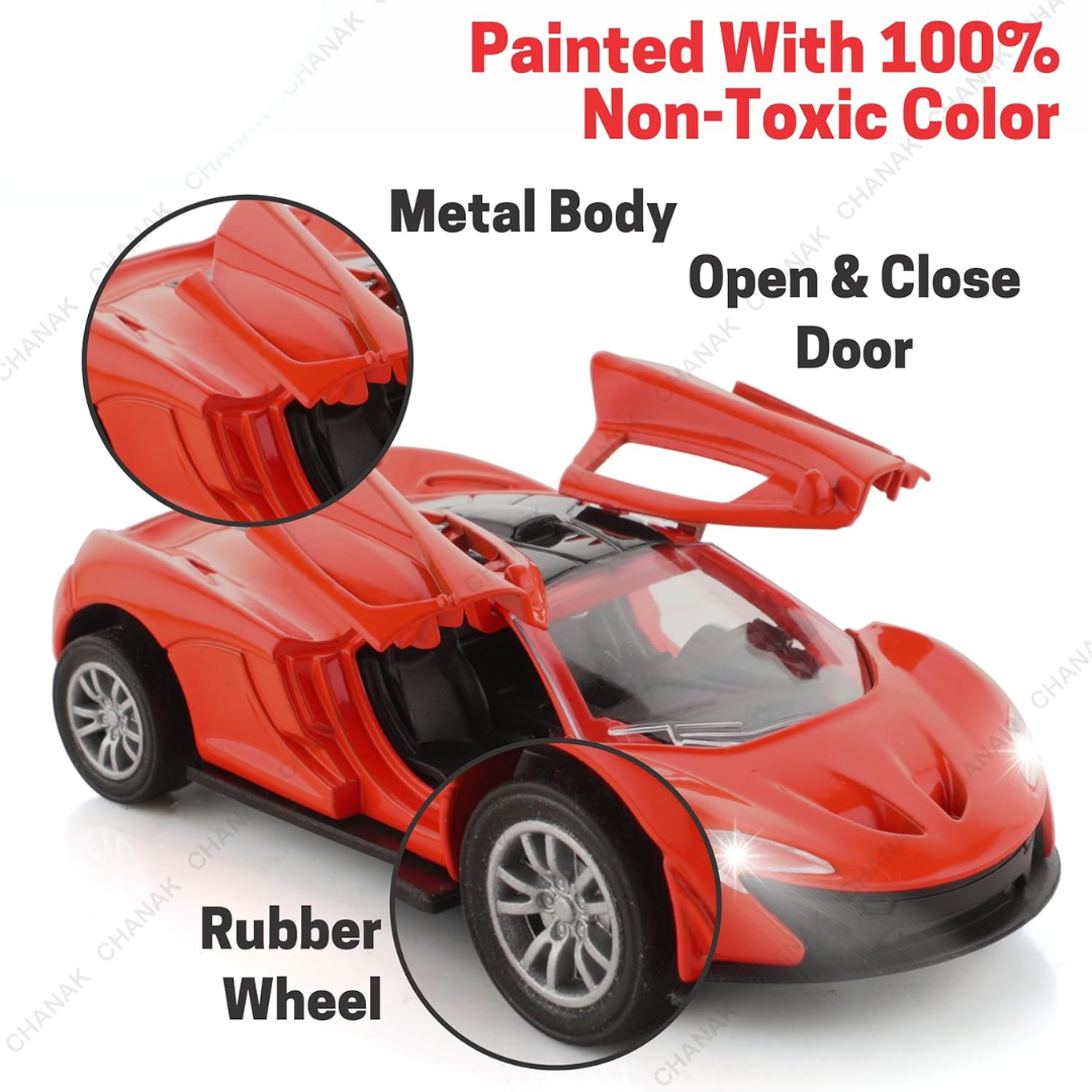 Die-Cast Sports Racer Car | Metal Pull-Back | LED Lights, Realistic Sound & Openable Doors | BIS Approved