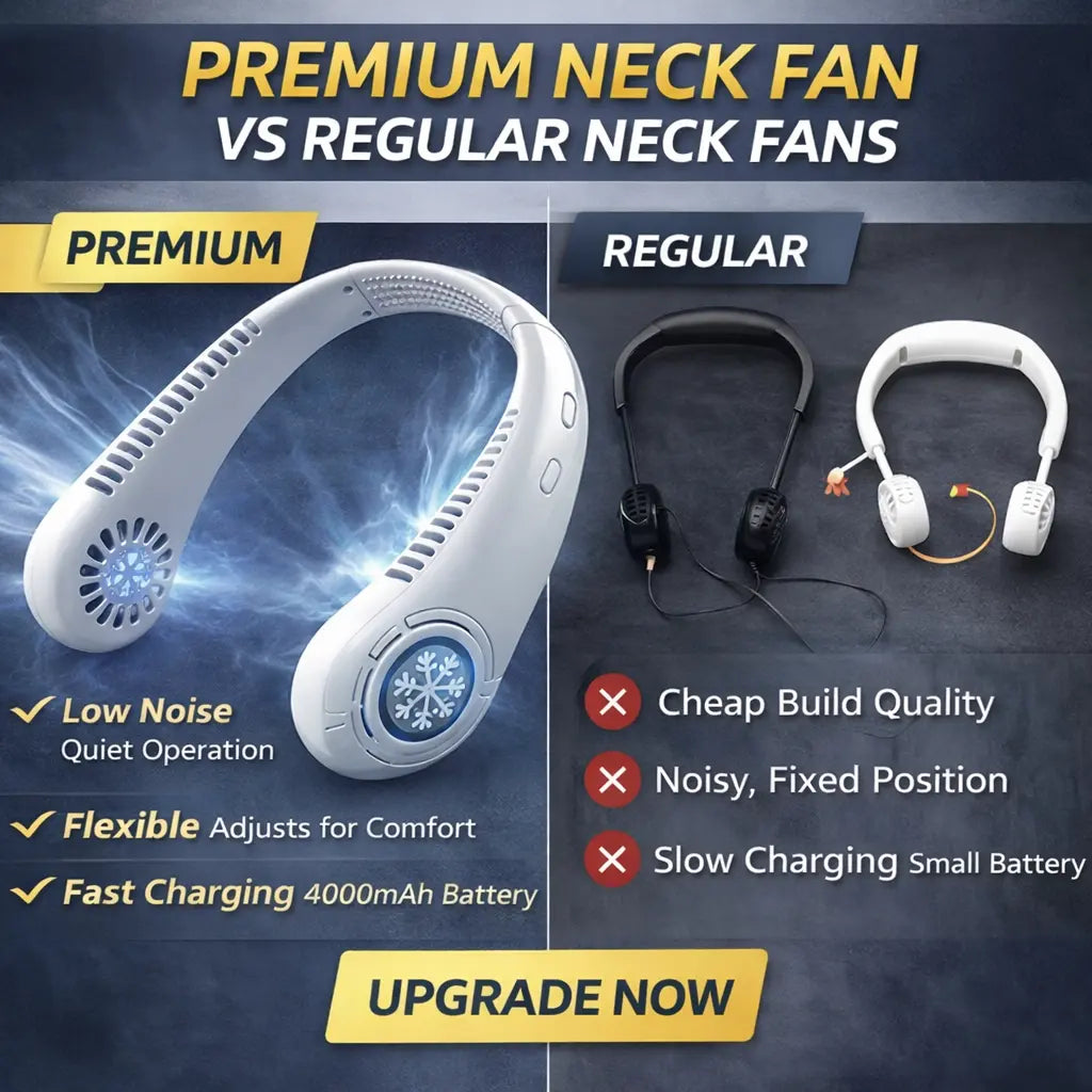 Comparison of premium and regular neck fans with features highlighted.