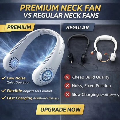Comparison of premium and regular neck fans with features highlighted.