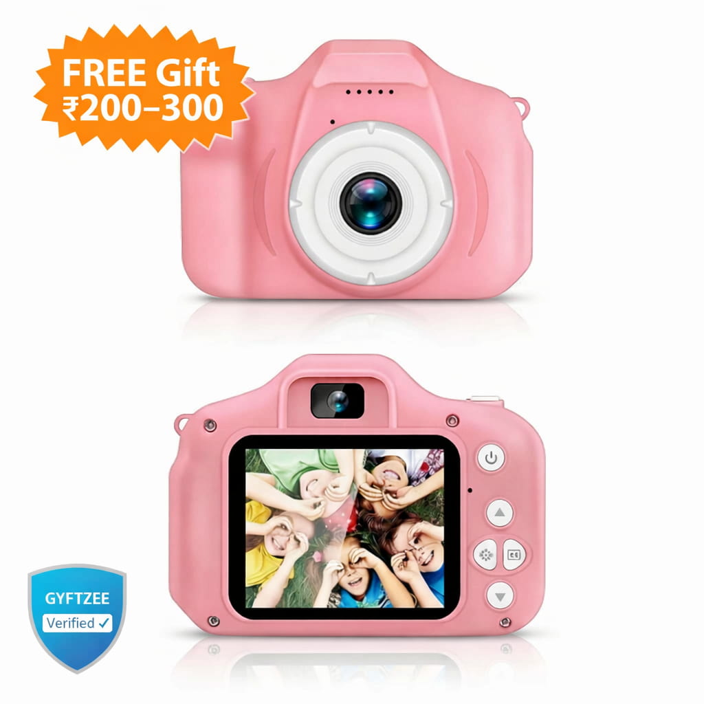 Pink children's camera with screen displaying a photo of children, on a white background.