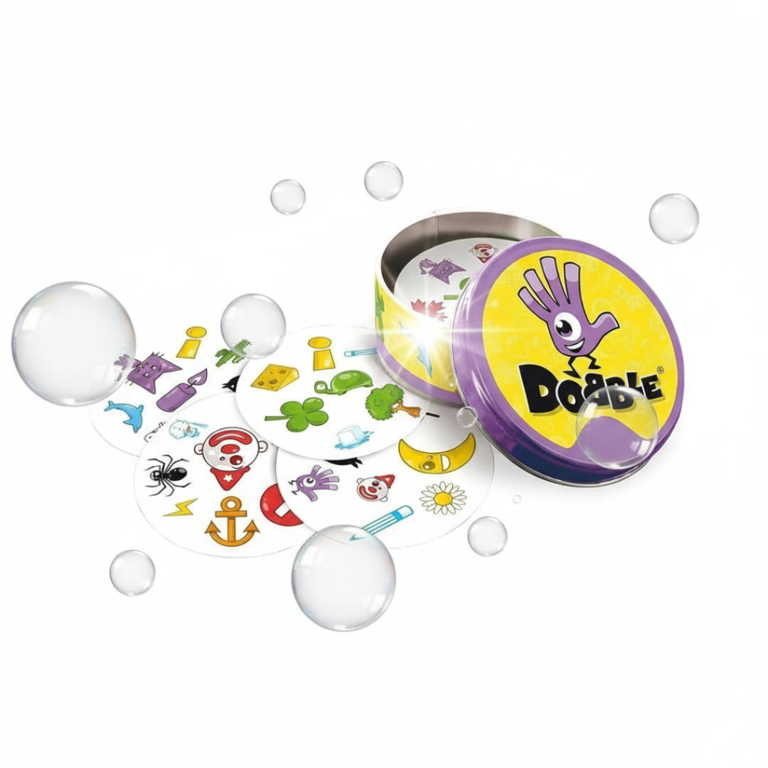 Dobble game with colorful card illustrations and a round tin container on a white background