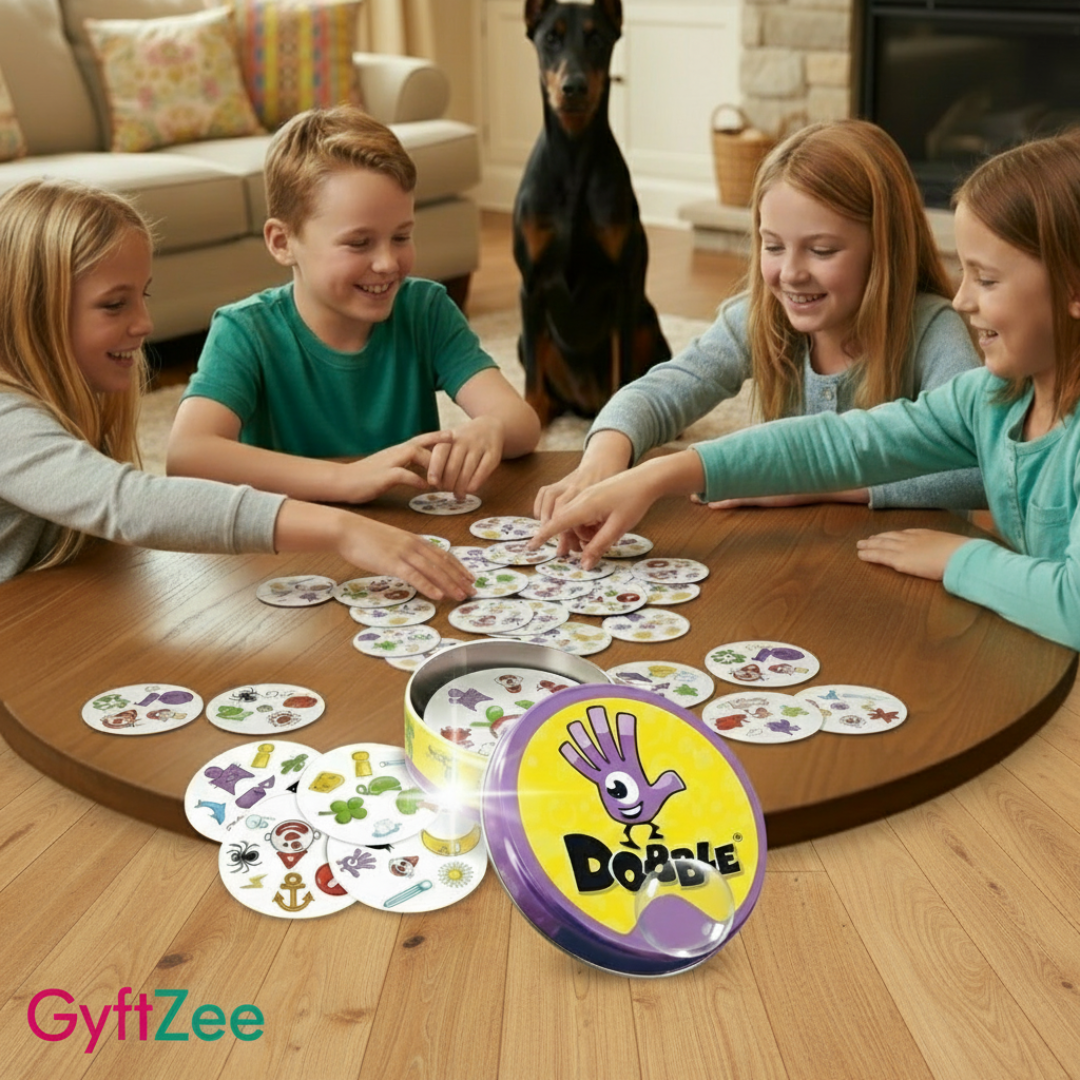 Children playing a dobble board game with a dog sitting nearby in a cozy living room.