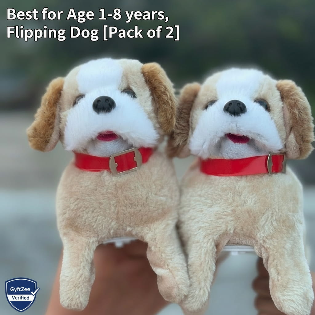 Two plush dogs with red collars held by a hand against a blurred, background. Flipping dog toy for age 1-8 years kids
 