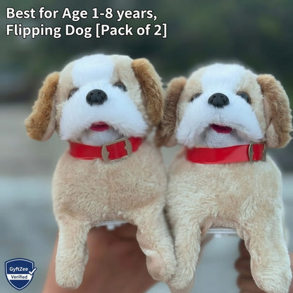 Two plush dogs with red collars held by a hand against a blurred, background. Flipping dog toy for age 1-8 years kids
 