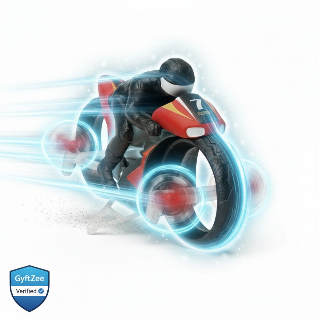 Motorcycle racer on a white background with GyftZee logo
