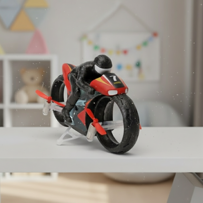 Toy motorcycle with rider drone on a white surface in a room setting