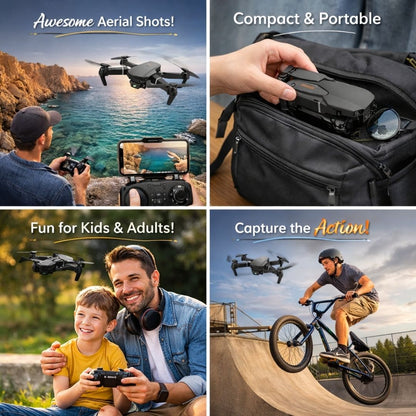 Collage of images showcasing a drone with text highlighting features like 'Awesome Aerial Shots!', 'Compact & Portable', 'Fun for Kids & Adults!', and 'Capture the Action!'.