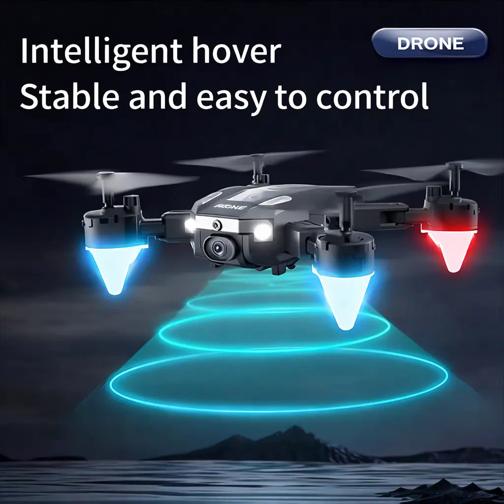 Drone hovering over water with text 'Intelligent hover Stable and easy to control' on a dark background