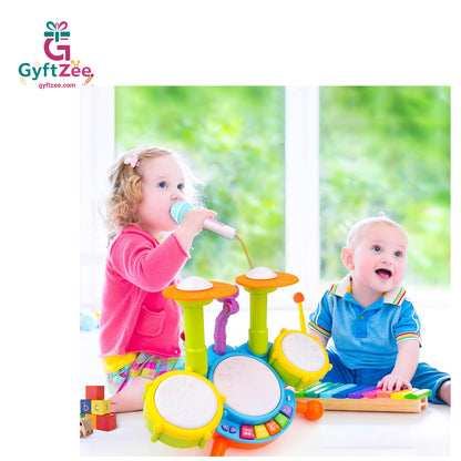Baby Drum Percussion Set for Beginners – 3 Drums, Microphone, Songs, Drumsticks with Sound & Light Effects