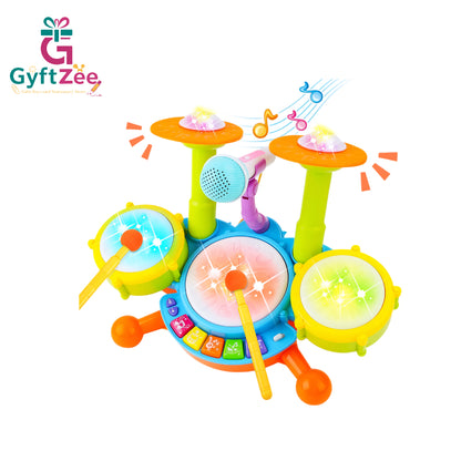 Baby Drum Percussion Set for Beginners – 3 Drums, Microphone, Songs, Drumsticks with Sound & Light Effects