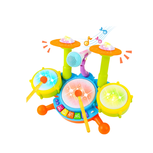 Baby Drum Percussion Set for Beginners – 3 Drums, Microphone, Songs, Drumsticks with Sound & Light Effects