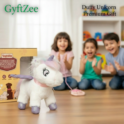 White unicorn plush toy with colorful accents on a wooden floor, with children in the background.