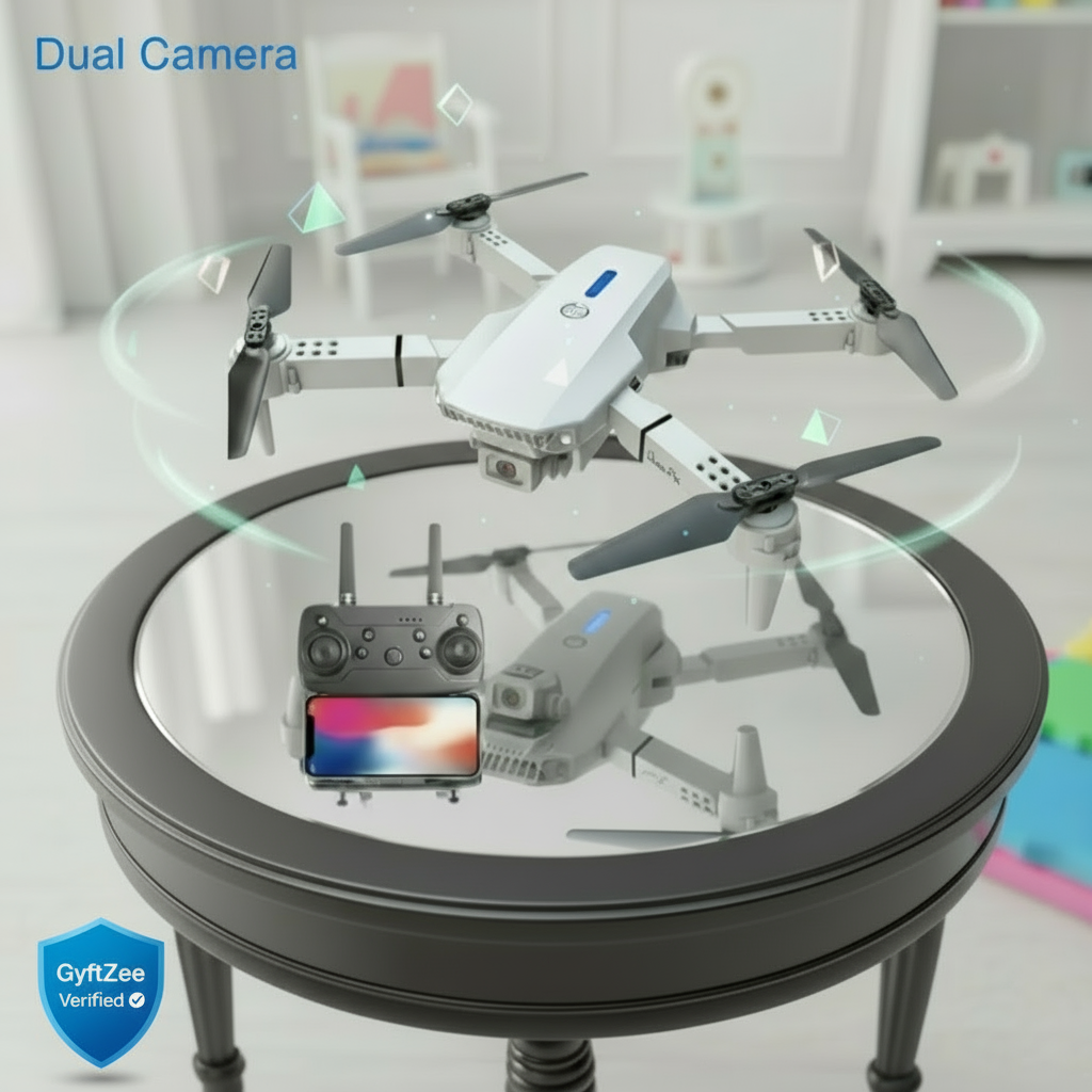 White drone with dual camera on a glass table in a room setting