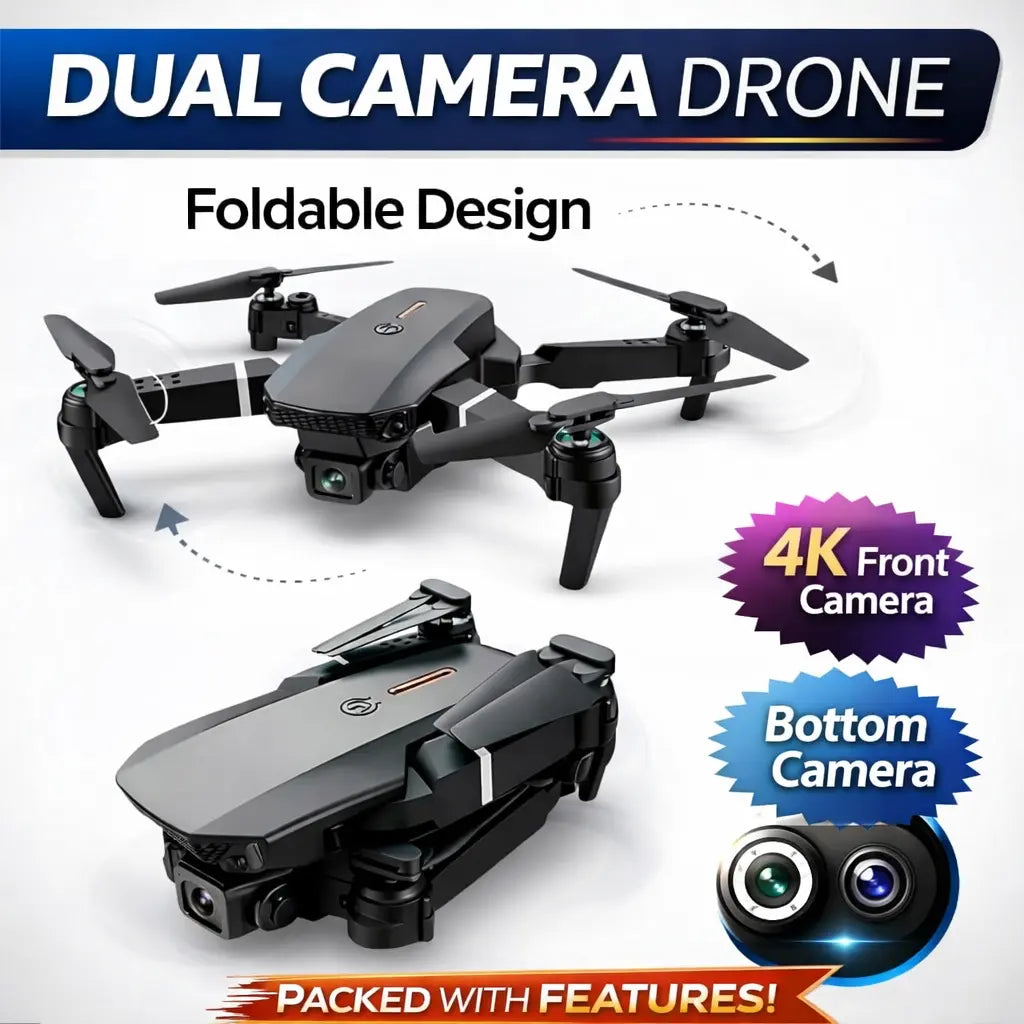 Dual camera drone with foldable design on a white background