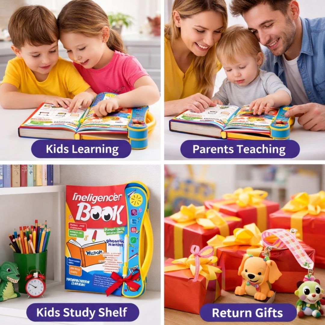 Collage of images showing children learning, parents teaching, a study shelf with books and stationery, and return gifts.