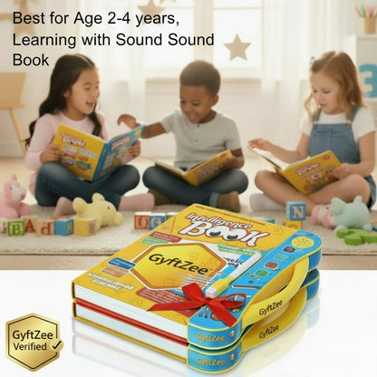 Children reading books with a 'GyftZee' intelligence book in the foreground. Learning with sound for kids age 2-5 years