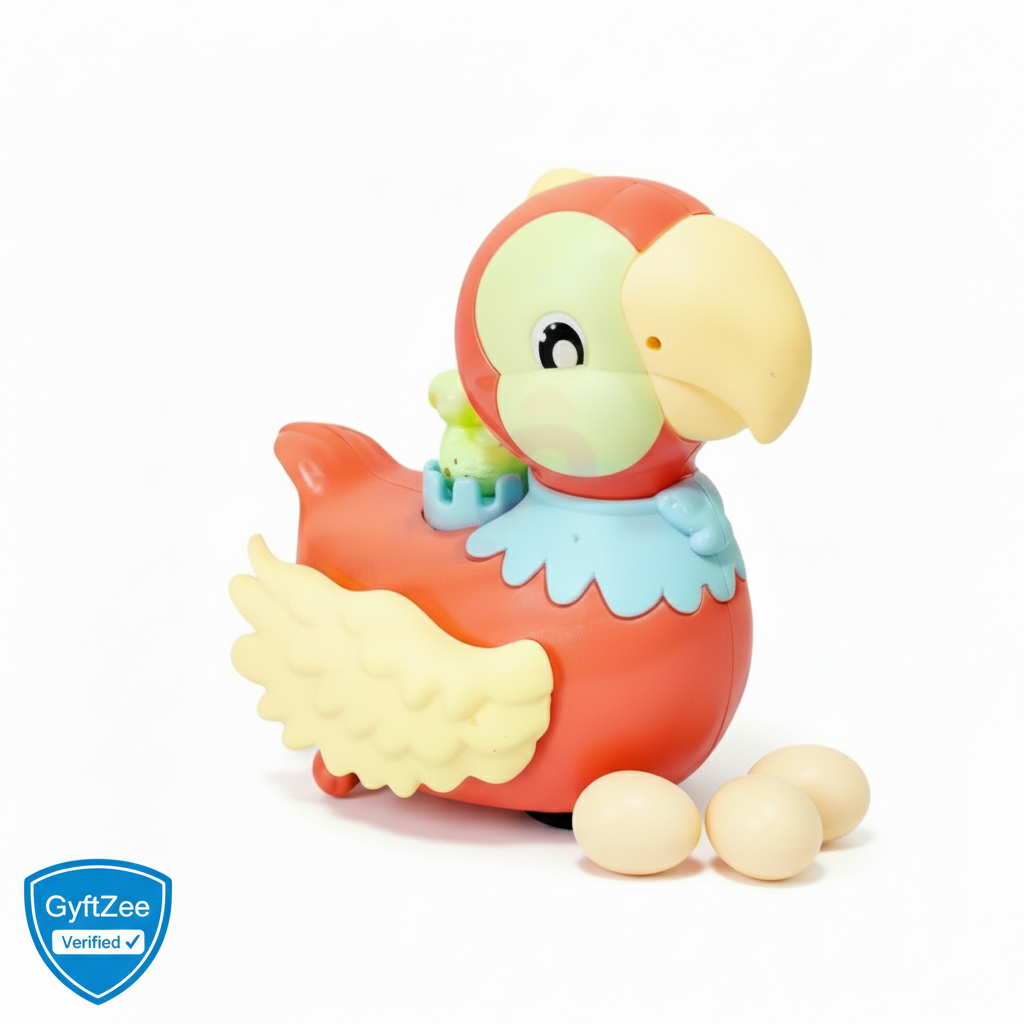 Toy parrot with eggs on a white background, featuring GyftZee verification logo.