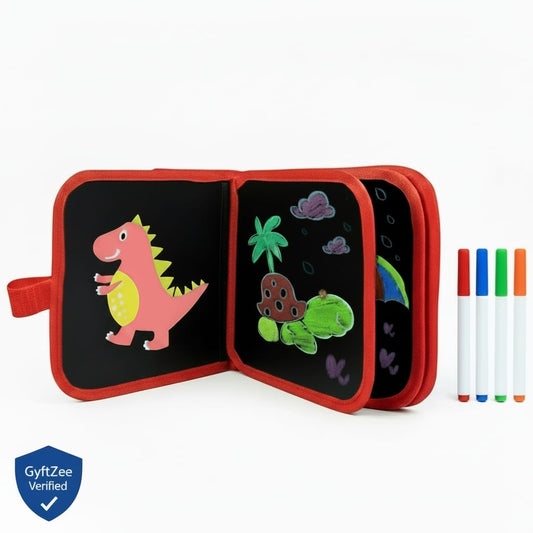 Red magnetic drawing board with dinosaur and turtle illustrations and markers on a white background, reusable  erasable doodle book