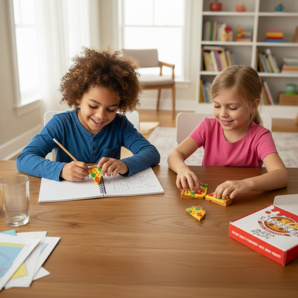 Two children playing with colorful toys at a table in a room with books and a chair.