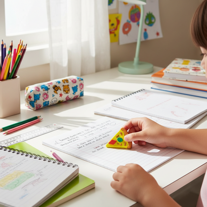 Child at a desk with school supplies, including notebooks and colorful pencils.