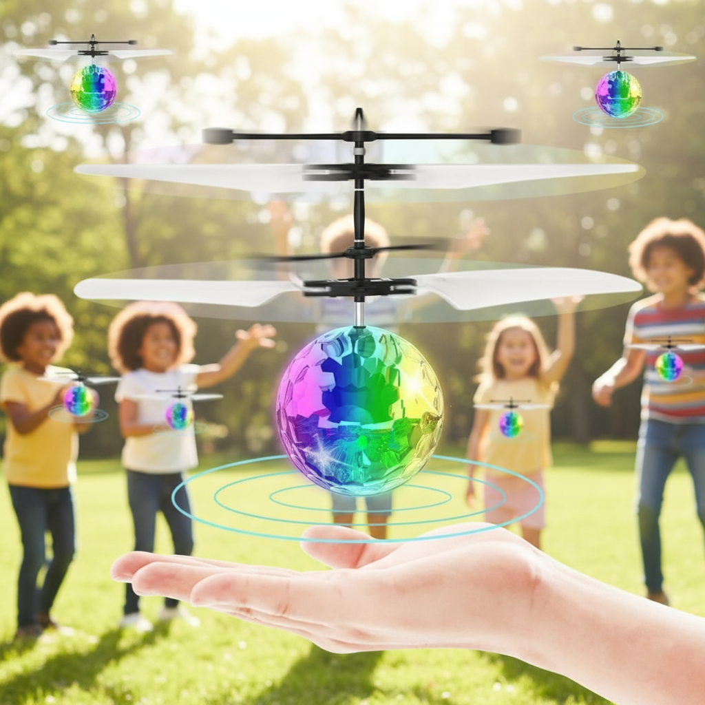 Colorful flying ball toy held by a hand with children playing in the background.